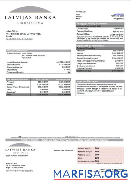 Blank Latvia Bank of Latvia mortgage statement Word and PDF template